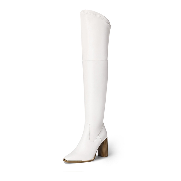 Square Toe High Heel Over The Knee Boots - WHITE PU -  0